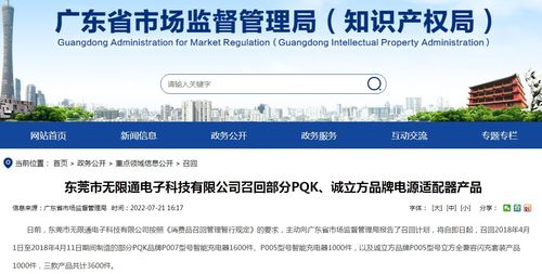 東莞市無限通電子科技召回部分PQK誠立方品牌電源適配器產品，上海網絡與信息安全軟件開發